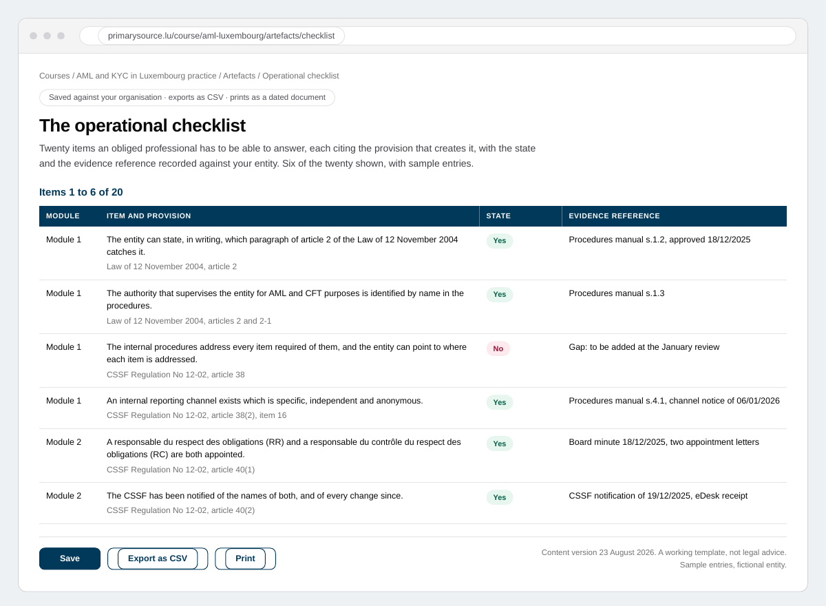 Preview of The operational checklist, an artefact included with AML/CFT and KYC in Luxembourg practice, filled in with sample entries.