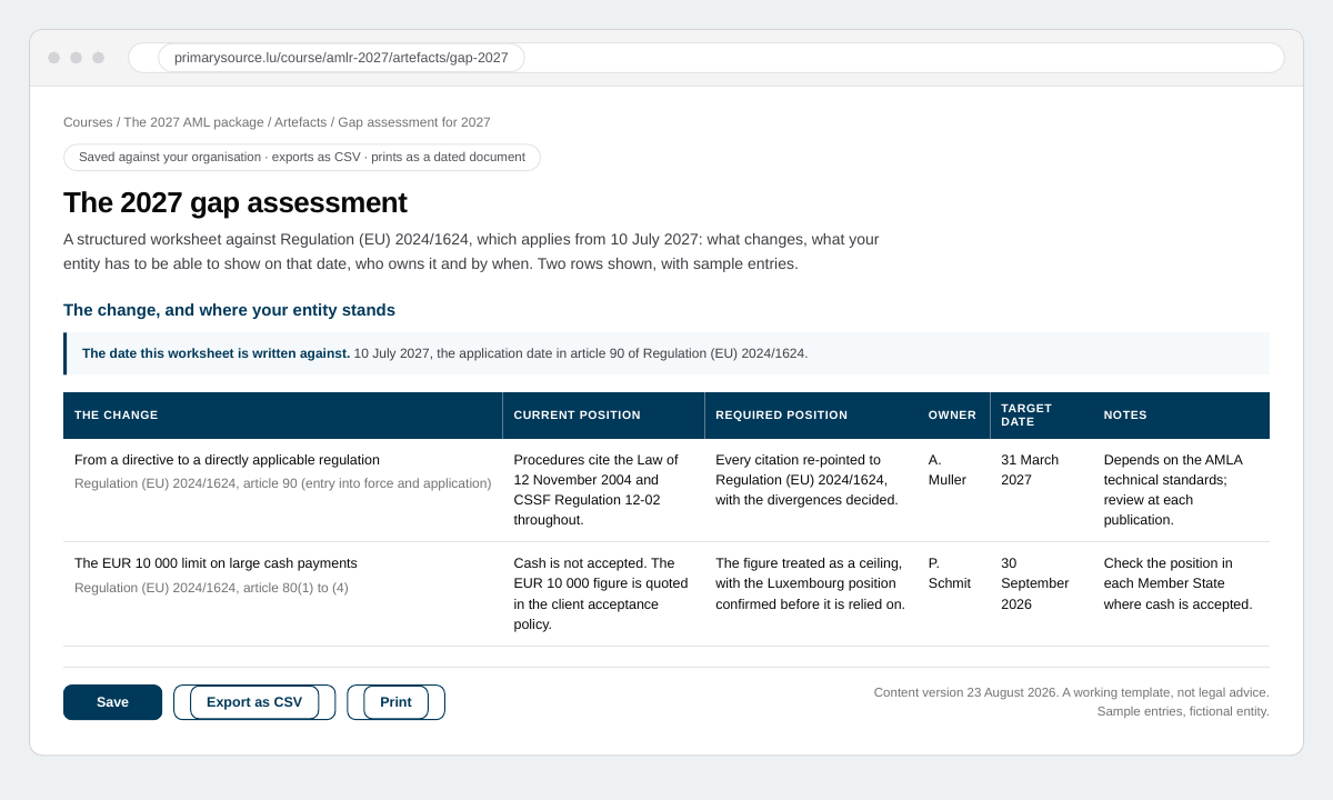 Preview of The 2027 gap assessment, an artefact included with The 2027 AML package: a gap analysis for your entity, filled in with sample entries.