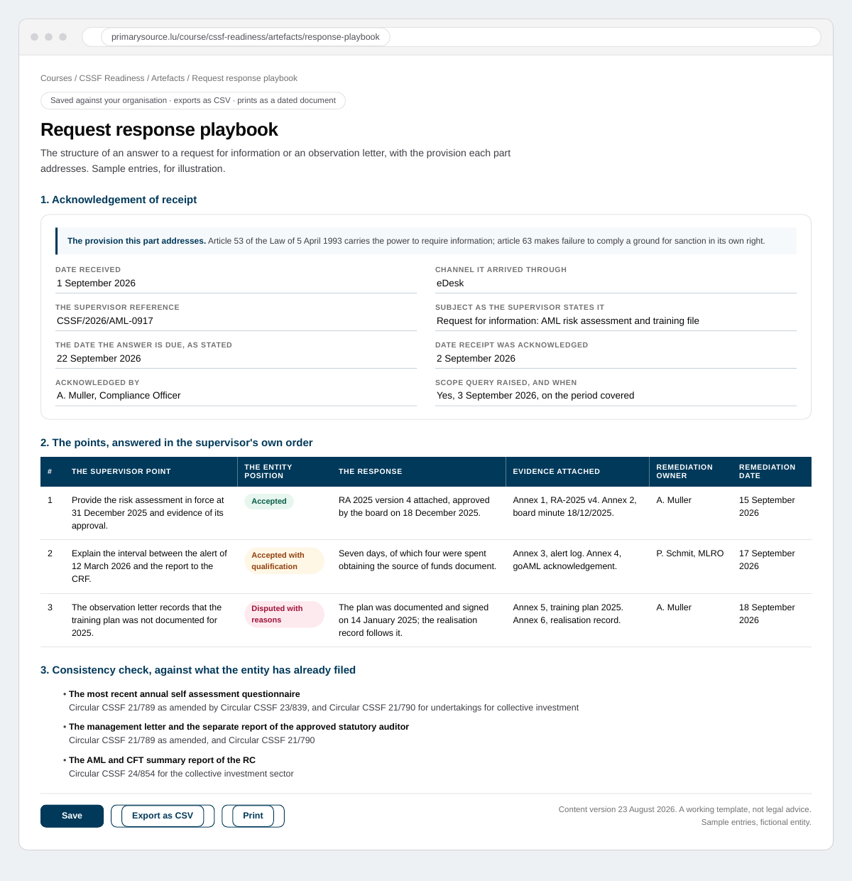 Preview of The request response playbook, an artefact included with CSSF Readiness: requests, inspections and observation letters, filled in with sample entries.