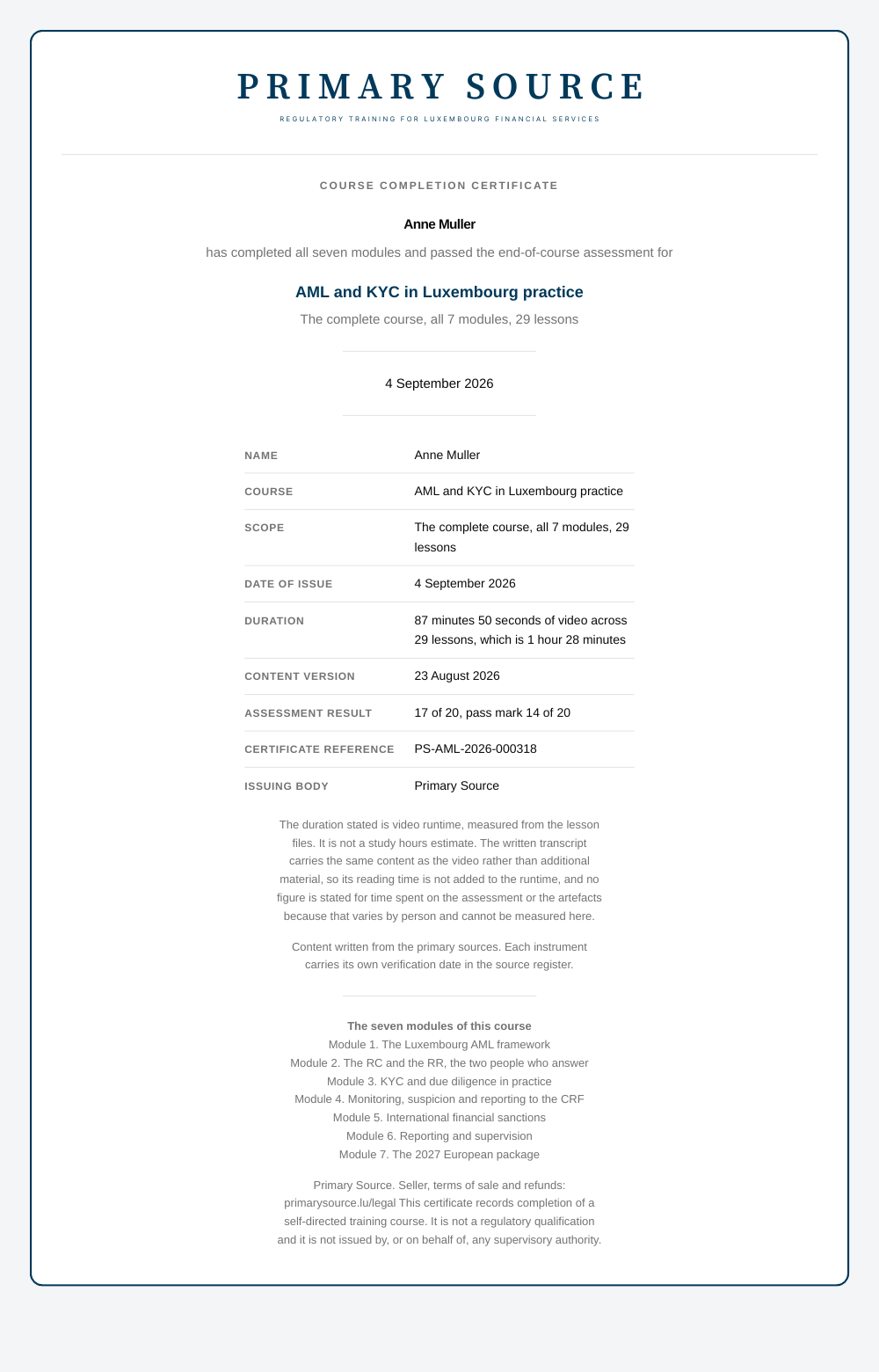 Sample course completion certificate for AML/CFT and KYC in Luxembourg practice, showing the name, the date, the duration, the content version, the assessment result, the certificate reference and the modules of the course.