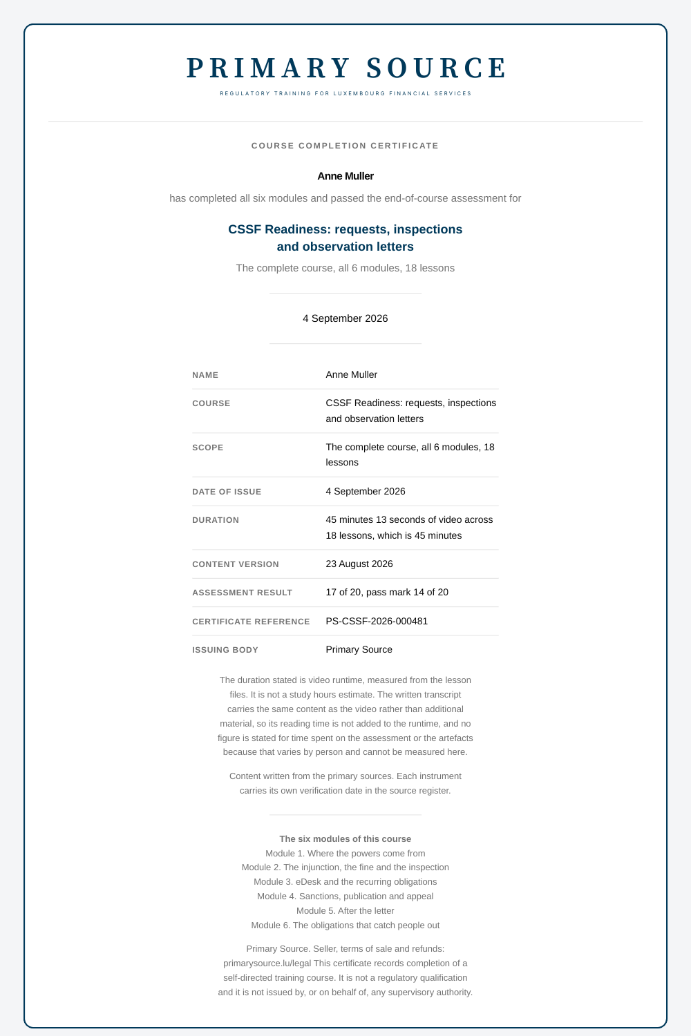 Sample course completion certificate for CSSF Readiness: requests, inspections and observation letters, showing the name, the date, the duration, the content version, the assessment result, the certificate reference and the modules of the course.